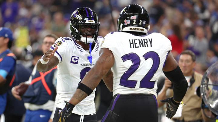 Sep 13, 2026; Indianapolis, Indiana, USA; Baltimore Ravens quarterback Lamar Jackson (8) and running back Derrick Henry (22) celebrate a touchdown against the Indianapolis Colts at Lucas Oil Stadium. Mandatory Credit: Trevor Ruszkowski-Imagn Images Sep 13, 2026; Indianapolis, Indiana, USA; Baltimore Ravens quarterback Lamar Jackson (8) and running back Derrick Henry (22) celebrate a touchdown against the Indianapolis Colts at Lucas Oil Stadium. Mandatory Credit: Trevor Ruszkowski-Imagn Images