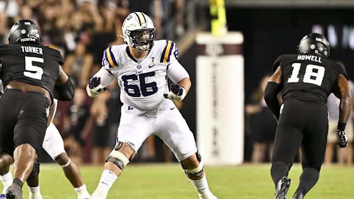 Oct 26, 2024; College Station, Texas, USA; LSU Tigers offensive tackle Will Campbell (66) in action during the second half against the Texas AM