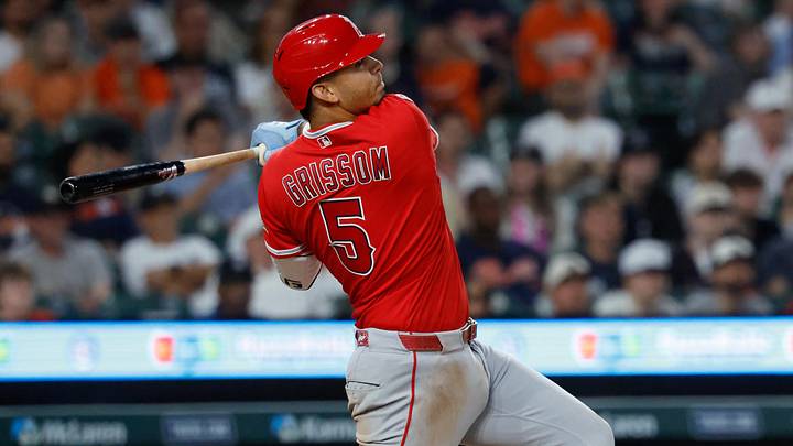 May 26, 2026; Detroit, Michigan, USA;  Los Angeles Angels second baseman Vaughn Grissom (5) hits a grand slam in the eighth inning against the Detroit Tigers at Comerica Park. Mandatory Credit: Rick Osentoski-Imagn Images