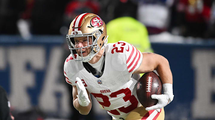 Dec 1, 2024; Orchard Park, New York, USA; San Francisco 49ers running back Christian McCaffrey (23) warms up before a game against the Buffalo Bills at Highmark Stadium. Mandatory Credit: Mark Konezny-Imagn Images