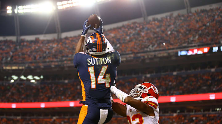 Oct 1, 2018; Denver, CO, USA; Denver Broncos wide receiver Courtland Sutton (14) against Kansas City Chiefs cornerback Kendall Fuller (23) at Broncos Stadium at Mile High. 