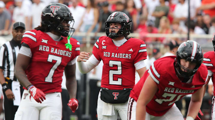 Sep 13, 2025; Lubbock, Texas, USA;  Texas Tech Red Raiders quarterback Behren Morton (2) calls a play against the Oregon State Beavers in the first half at Jones AT&T Stadium. Mandatory Credit: Michael C. Johnson-Imagn Images