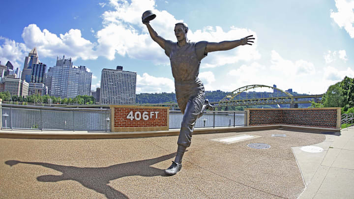 Jul 28, 2020; Pittsburgh, Pennsylvania, USA; Statue depicting the 1960 World Series home run hit by former Pittsburgh Pirates second baseman Bill Mazeroski