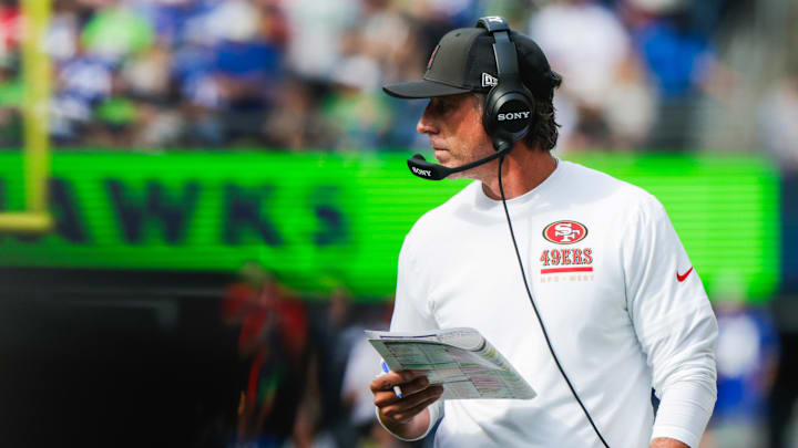 Sep 7, 2025; Seattle, Washington, USA; San Francisco 49ers head coach Kyle Shanahan walks along the sidelines during the fourth quarter against the Seattle Seahawks at Lumen Field. Mandatory Credit: Joe Nicholson-Imagn Images