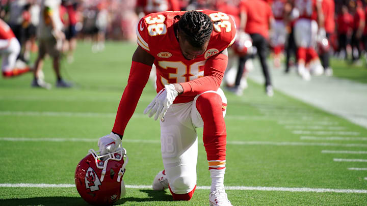 Sep 24, 2023; Kansas City, Missouri, USA; Kansas City Chiefs cornerback L'Jarius Sneed (38) kneels