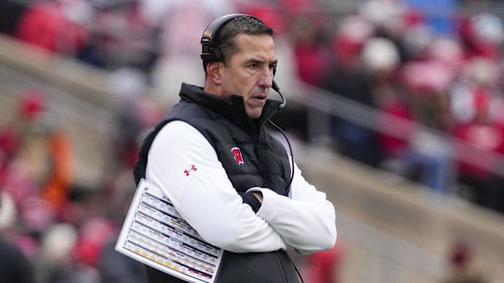 Nov 29, 2024; Madison, Wisconsin, USA;  Wisconsin Badgers head coach Luke Fickell looks on from the sidelines during the second quarter against the Minnesota Golden Gophers at Camp Randall Stadium.