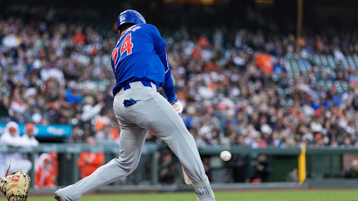 Jun 25, 2024; San Francisco, California, USA; Chicago Cubs right fielder Cody Bellinger (24) hits a single against the San Francisco Giants during the third inning at Oracle Park. Mandatory Credit: John Hefti-USA TODAY Sports Jun 25, 2024; San Francisco, California, USA; Chicago Cubs right fielder Cody Bellinger (24) hits a single against the San Francisco Giants during the third inning at Oracle Park. Mandatory Credit: John Hefti-USA TODAY Sports