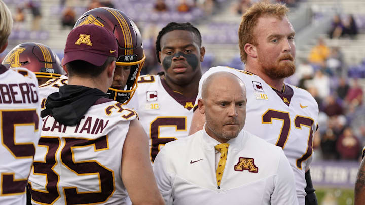 Sep 23, 2023; Evanston, Illinois, USA; Minnesota Golden Gophers head coach PJ Fleck on the field before the game against the Northwestern Wildcats at Ryan Field. Mandatory Credit: David Banks-Imagn Images