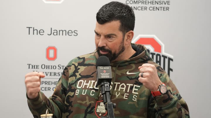 Ohio State Football coach Ryan Day gestures during an April 7, 2025 news conference at the Woody Hayes Athletic Center.