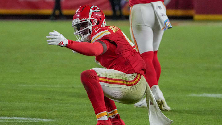 Oct 7, 2024; Kansas City, Missouri, USA; Kansas City Chiefs wide receiver JuJu Smith-Schuster (9) celebrates after a run against the New Orleans Saints during the second half at GEHA Field at Arrowhead Stadium. Mandatory Credit: Denny Medley-Imagn Images