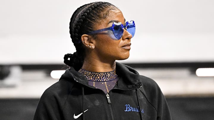 Apr 16, 2026; Fort Worth, TX, USA; UCLA gymnast Jordan Chiles looks on after the semifinals for the 2026 NCAA Women’s Gymnastics National Championships at Dickies Arena.