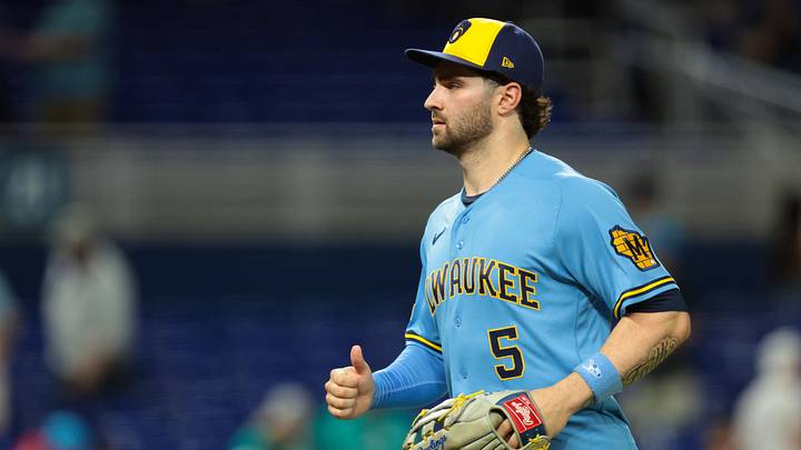 Apr 17, 2026; Miami, Florida, USA; Milwaukee Brewers center fielder Garrett Mitchell (5) looks on after the game against the Miami Marlins at loanDepot Park. Mandatory Credit: Sam Navarro-Imagn Images