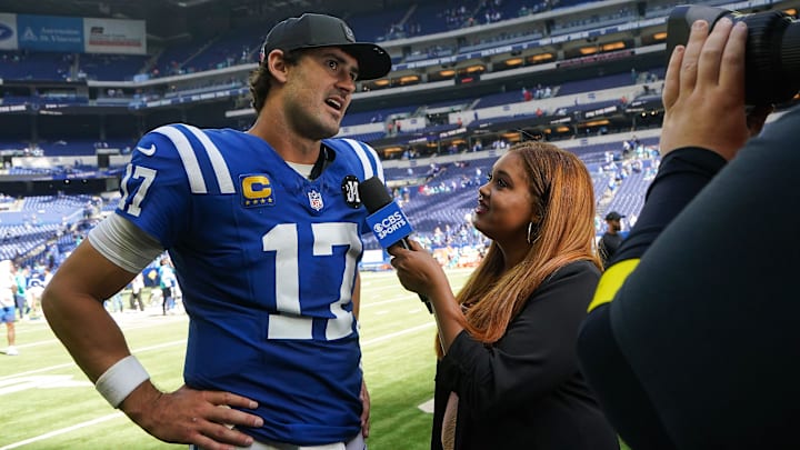 Indianapolis Colts quarterback Daniel Jones (17) is interviewed after the game Sunday, Sept. 7, 2025, during the game at Lucas Oil Stadium in Indianapolis. The Indianapolis Colts defeated the Miami Dolphins, 33-8. Indianapolis Colts quarterback Daniel Jones (17) is interviewed after the game Sunday, Sept. 7, 2025, during the game at Lucas Oil Stadium in Indianapolis. The Indianapolis Colts defeated the Miami Dolphins, 33-8.