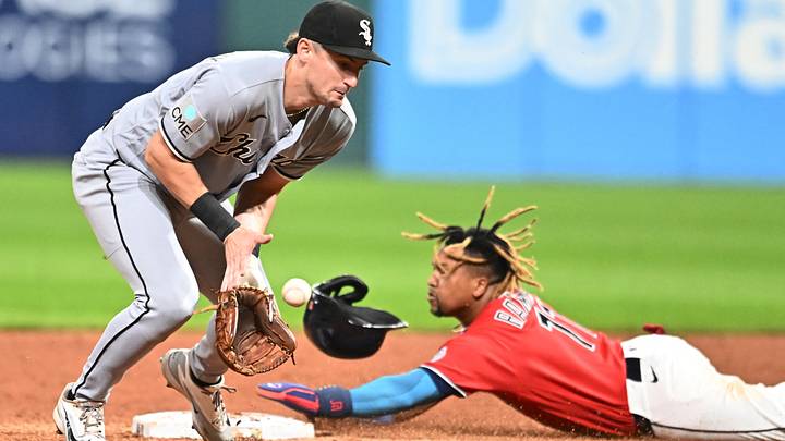 Sep 14, 2026; Cleveland, Ohio, USA; Cleveland Guardians third baseman Jose Ramirez (11) steals second as Chicago White Sox shortstop Colson Montgomery (12) bobbles the ball during the sixth inning at Progressive Field. Mandatory Credit: Ken Blaze-Imagn Images Sep 14, 2026; Cleveland, Ohio, USA; Cleveland Guardians third baseman Jose Ramirez (11) steals second as Chicago White Sox shortstop Colson Montgomery (12) bobbles the ball during the sixth inning at Progressive Field. Mandatory Credit: Ken Blaze-Imagn Images
