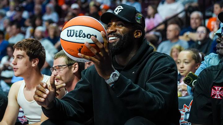 Jun 22, 2026; Uncasville, Connecticut, USA; NBA 76’ers player Andre Drummond on the sideline as the Connecticut Sun take on the Chicago Sky in the first half at Mohegan Sun Arena. Mandatory Credit: David Butler II-Imagn Images