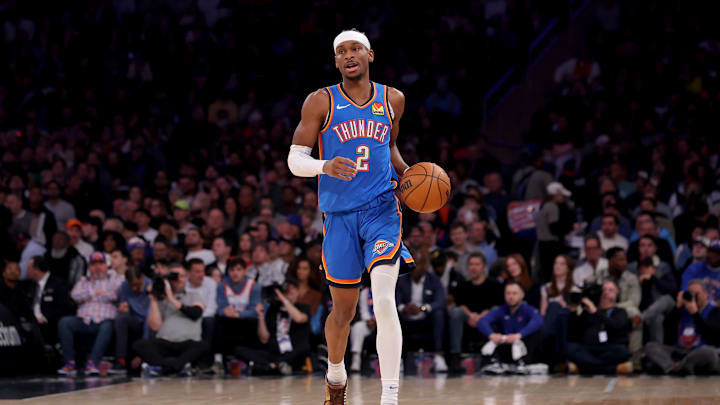 Jan 10, 2025; New York, New York, USA; Oklahoma City Thunder guard Shai Gilgeous-Alexander (2) brings the ball up court against the New York Knicks during the first quarter at Madison Square Garden. Mandatory Credit: Brad Penner-Imagn Images Jan 10, 2025; New York, New York, USA; Oklahoma City Thunder guard Shai Gilgeous-Alexander (2) brings the ball up court against the New York Knicks during the first quarter at Madison Square Garden. Mandatory Credit: Brad Penner-Imagn Images
