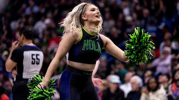 Apr 29, 2024; New Orleans, Louisiana, USA; New Orleans Pelicans dance team performs on a time out