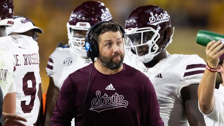 Sep 7, 2024; Tempe, Arizona, USA; Mississippi State Bulldogs defensive coordinator Coleman Hutzler against the Arizona State Sun Devils at Mountain America Stadium. Mandatory Credit: Mark J. Rebilas-Imagn Images