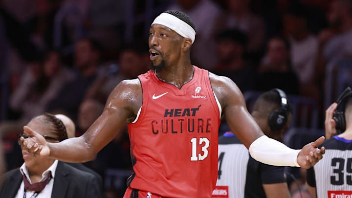 Dec 12, 2024; Miami, Florida, USA;  Miami Heat center Bam Adebayo (13) reacts against the Toronto Raptors during the second half at Kaseya Center. Mandatory Credit: Rhona Wise-Imagn Images