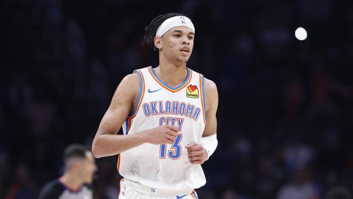 Jan 11, 2024; Oklahoma City, Oklahoma, USA; Oklahoma City Thunder forward Ousmane Dieng (13) runs down the court between plays against the Portland Trail Blazers during the second half at Paycom Center. Mandatory Credit: Alonzo Adams-USA TODAY Sports
