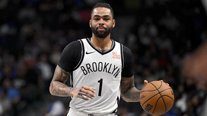Mar 31, 2025; Dallas, Texas, USA; Brooklyn Nets guard D'Angelo Russell (1) in action during the game between the Dallas Mavericks and the Brooklyn Nets at the American Airlines Center. Mandatory Credit: Jerome Miron-Imagn Images