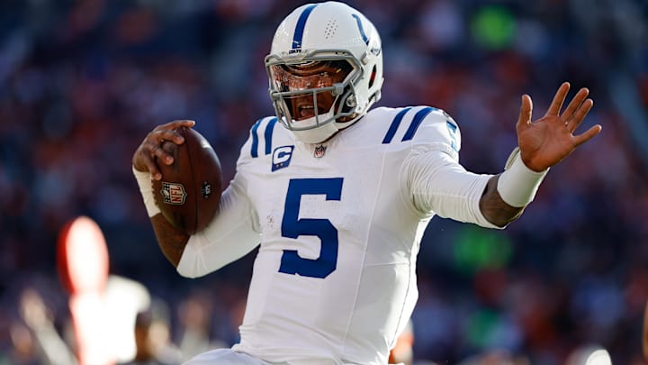 Dec 15, 2024; Denver, Colorado, USA; Indianapolis Colts quarterback Anthony Richardson (5) runs for a touchdown in the first quarter against the Denver Broncos at Empower Field at Mile High. Mandatory Credit: Isaiah J. Downing-Imagn Images