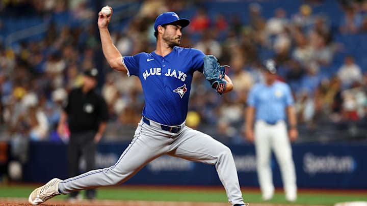 Toronto Blue Jays throws a pitch March 31 against the Tampa Bay Rays.