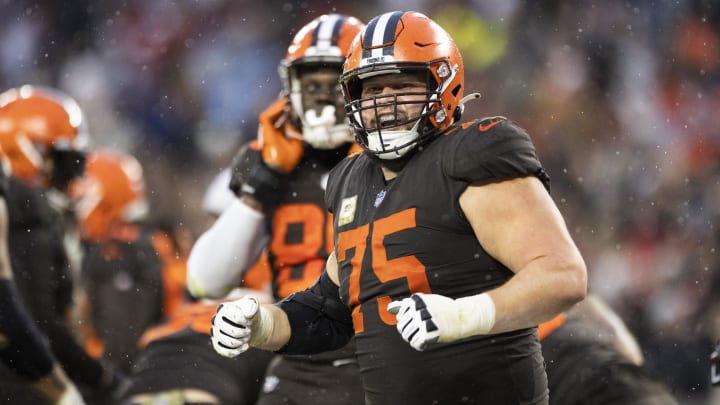 Nov 27, 2022; Cleveland, Ohio, USA; Cleveland Browns guard Joel Bitonio (75) celebrates the team   s overtime win against the Tampa Bay Buccaneers at FirstEnergy Stadium. Mandatory Credit: Scott Galvin-USA TODAY Sports