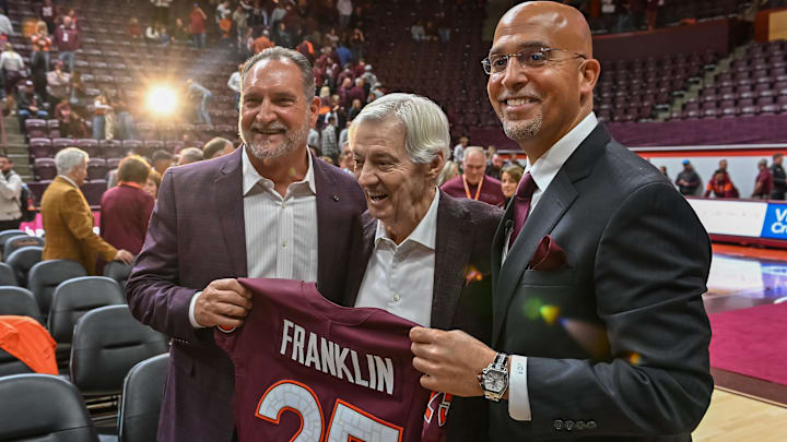 Nov 19, 2025; Blacksburg, VA, USA;  Bud Foster, Frank Beamer and James Franklin after the press conference at Cassell Coliseum. Mandatory Credit: Brian Bishop-Imagn Images