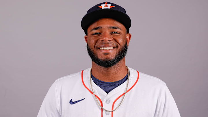 Feb 20, 2025; West Palm Beach, FL, USA; Houston Astros right hand pitcher Jose Fleury poses for a photo at the Houston Astros media day. Feb 20, 2025; West Palm Beach, FL, USA; Houston Astros right hand pitcher Jose Fleury poses for a photo at the Houston Astros media day.