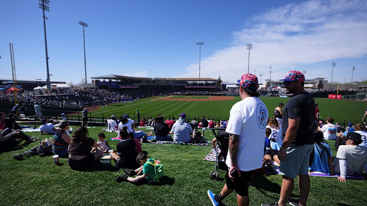 People watch from the lawn seats as the Arizona Diamondbacks play against the Texas Rangers at Surprise Stadium on Sunday, March 2, 2025.