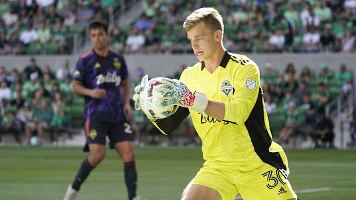 Mar 20, 2022; Austin, Texas, USA; Seattle Sounders FC goalkeeper Stefan Cleveland (30) controls the