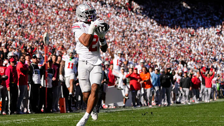 Ohio State Buckeyes wide receiver Emeka Egbuka (2) makes a touchdown catch during the first half of the NCAA football game against the Penn State Nittany Lions at Beaver Stadium in University Park, Pa. on Saturday, Nov. 2, 2024. Ohio State Buckeyes wide receiver Emeka Egbuka (2) makes a touchdown catch during the first half of the NCAA football game against the Penn State Nittany Lions at Beaver Stadium in University Park, Pa. on Saturday, Nov. 2, 2024.