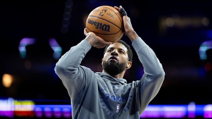Feb 20, 2025; Philadelphia, Pennsylvania, USA; Philadelphia 76ers forward Paul George (8) warms up before a game against the Boston Celtics at Wells Fargo Center. Mandatory Credit: Bill Streicher-Imagn Images