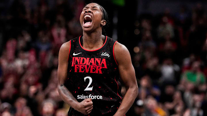 Indiana Fever guard Aari McDonald (2) yells in excitement Wednesday, July 30, 2025, during the game at Gainbridge Fieldhouse in Indianapolis.