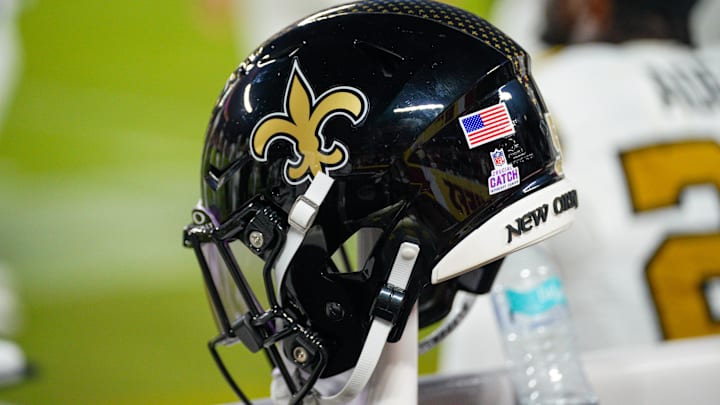 Oct 7, 2024; Kansas City, Missouri, USA; A general view of a New Orleans Saints helmet against the Kansas City Chiefs during the first half at GEHA Field at Arrowhead Stadium. Mandatory Credit: Denny Medley-Imagn Images Oct 7, 2024; Kansas City, Missouri, USA; A general view of a New Orleans Saints helmet against the Kansas City Chiefs during the first half at GEHA Field at Arrowhead Stadium. Mandatory Credit: Denny Medley-Imagn Images