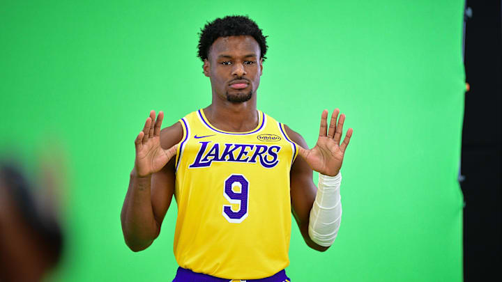 Sep 29, 2025; Los Angeles, CA, USA; Los Angeles Lakers guard Bronny James (9) poses for photos during media day at UCLA Health Training Center. Mandatory Credit: Gary A. Vasquez-Imagn Images Sep 29, 2025; Los Angeles, CA, USA; Los Angeles Lakers guard Bronny James (9) poses for photos during media day at UCLA Health Training Center. Mandatory Credit: Gary A. Vasquez-Imagn Images