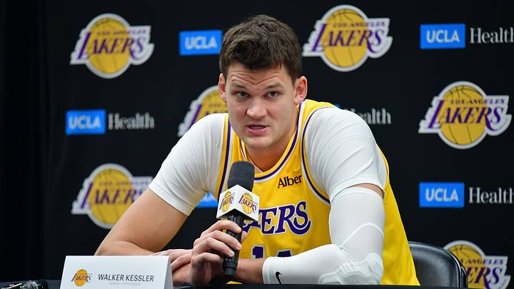 Sep 28, 2026; El Segundo, CA, USA; Los Angeles Lakers player Walker Kessler (14) during media day at UCLA Health Training Center.  Mandatory Credit: Gary A. Vasquez-Imagn Images