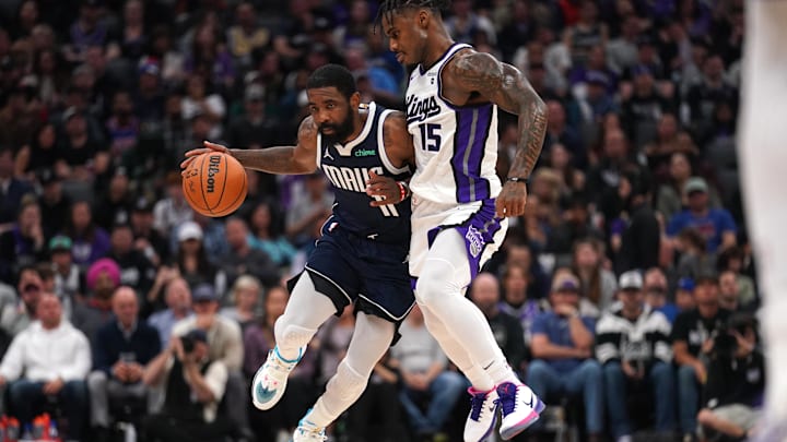 Mar 29, 2024; Sacramento, California, USA; Dallas Mavericks guard Kyrie Irving (11) dribbles the Mar 29, 2024; Sacramento, California, USA; Dallas Mavericks guard Kyrie Irving (11) dribbles the