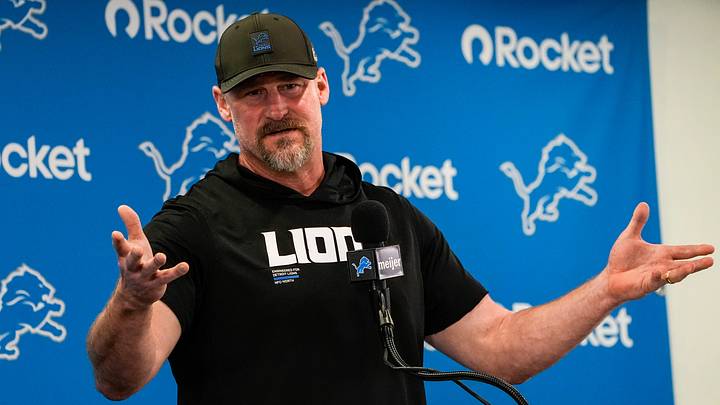 Detroit Lions head coach Dan Campbell answers a question before OTAs at Meijer Performance Center in Allen Park on Friday, May 29, 2026.