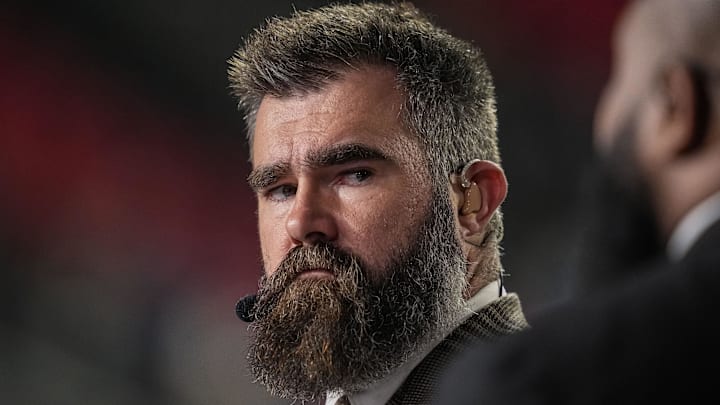 Dec 29, 2025; Atlanta, Georgia, USA; ESPN MNF broadcaster Jason Kelce shown on set prior to the game between the Los Angeles Rams against the Atlanta Falcons at Mercedes-Benz Stadium. Mandatory Credit: Dale Zanine-Imagn Images Dec 29, 2025; Atlanta, Georgia, USA; ESPN MNF broadcaster Jason Kelce shown on set prior to the game between the Los Angeles Rams against the Atlanta Falcons at Mercedes-Benz Stadium. Mandatory Credit: Dale Zanine-Imagn Images