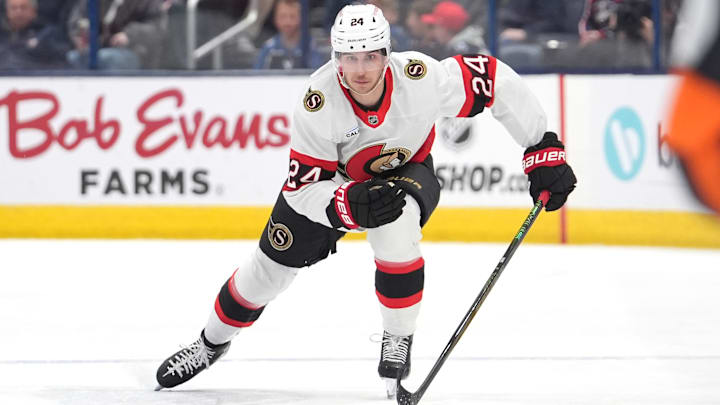 Dylan Cozens skating up the ice in a game against the Columbus Blue Jackets. 