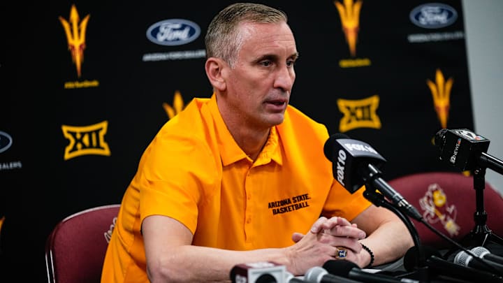 Mar 8, 2025; Tempe, Arizona, USA; Arizona State Sun Devils head coach Bobby Hurley during the press conference at Desert Financial Arena. Mandatory Credit: Arianna Grainey-Imagn Images Mar 8, 2025; Tempe, Arizona, USA; Arizona State Sun Devils head coach Bobby Hurley during the press conference at Desert Financial Arena. Mandatory Credit: Arianna Grainey-Imagn Images