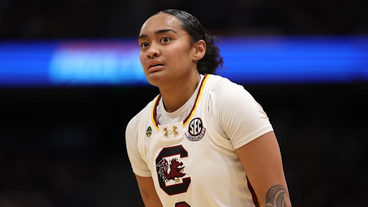 Apr 4, 2025; Tampa, FL, USA;  South Carolina Gamecocks guard Te-Hina Paopao (0) reacts during the first half in a semifinal of the women's 2025 NCAA tournament against the Texas Longhorns at Amalie Arena. Mandatory Credit: Nathan Ray Seebeck-Imagn Images