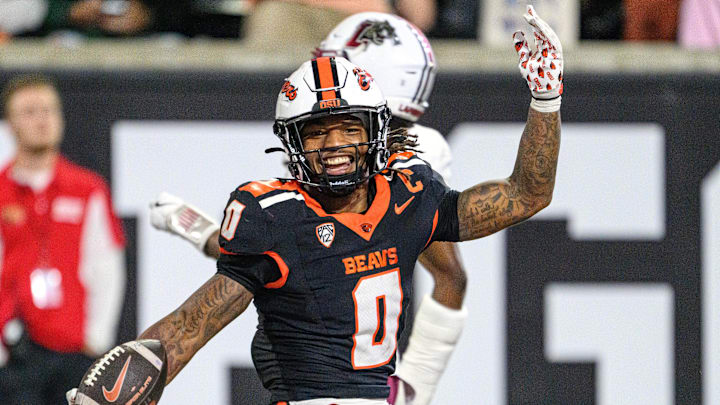 Oct 18, 2025; Corvallis, Oregon, USA; Oregon State Beavers running back Anthony Hankerson (0) celebrates his third touchdown run against the Lafayette Leopards during the fourth quarter at Reser Stadium. Mandatory Credit: Craig Strobeck-Imagn Images Oct 18, 2025; Corvallis, Oregon, USA; Oregon State Beavers running back Anthony Hankerson (0) celebrates his third touchdown run against the Lafayette Leopards during the fourth quarter at Reser Stadium. Mandatory Credit: Craig Strobeck-Imagn Images