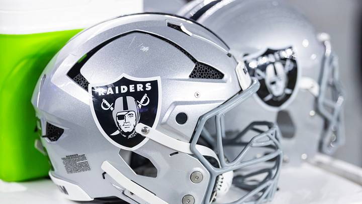 Aug 23, 2025; Glendale, Arizona, USA; Detailed view of a Las Vegas Raiders helmet during a preseason NFL game at State Farm Stadium. Mandatory Credit: Mark J. Rebilas-Imagn Images