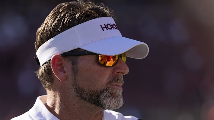 Oct 5, 2024; Stanford, California, USA;  Virginia Tech Hokies head coach Brent Pry is interviewed after defeating the Stanford Cardinal at Stanford Stadium. Mandatory Credit: Stan Szeto-Imagn Images