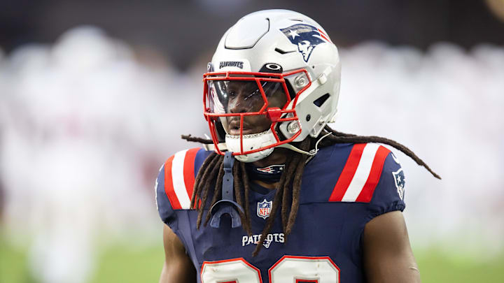 Dec 15, 2024; Glendale, Arizona, USA; New England Patriots running back JaMycal Hasty (39) against the Arizona Cardinals at State Farm Stadium. Mandatory Credit: Mark J. Rebilas-Imagn Images