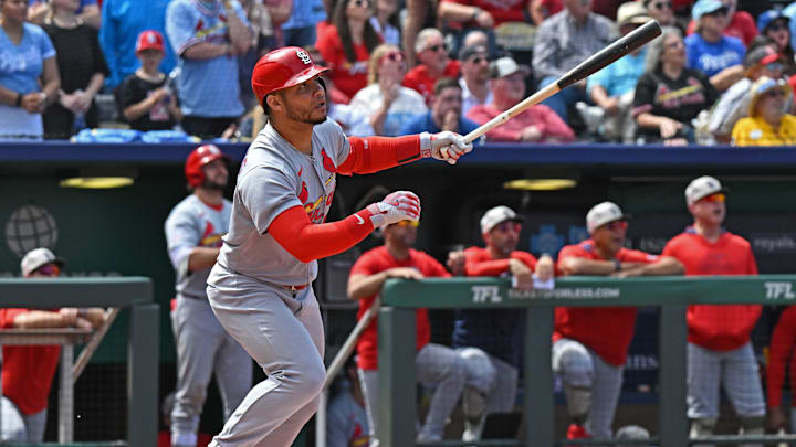 May 18, 2025; Kansas City, Missouri, USA;  St. Louis Cardinals first baseman Willson Contreras (40) at bat in the ninth inning against the Kansas City Royals at Kauffman Stadium. Mandatory Credit: Peter Aiken-Imagn Images