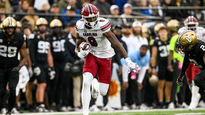 Nov 9, 2024; Nashville, Tennessee, USA;  South Carolina Gamecocks wide receiver Nyck Harbor (8) runs the ball after a made catch against the Vanderbilt Commodores during the first half at FirstBank Stadium. Mandatory Credit: Steve Roberts-Imagn Images
